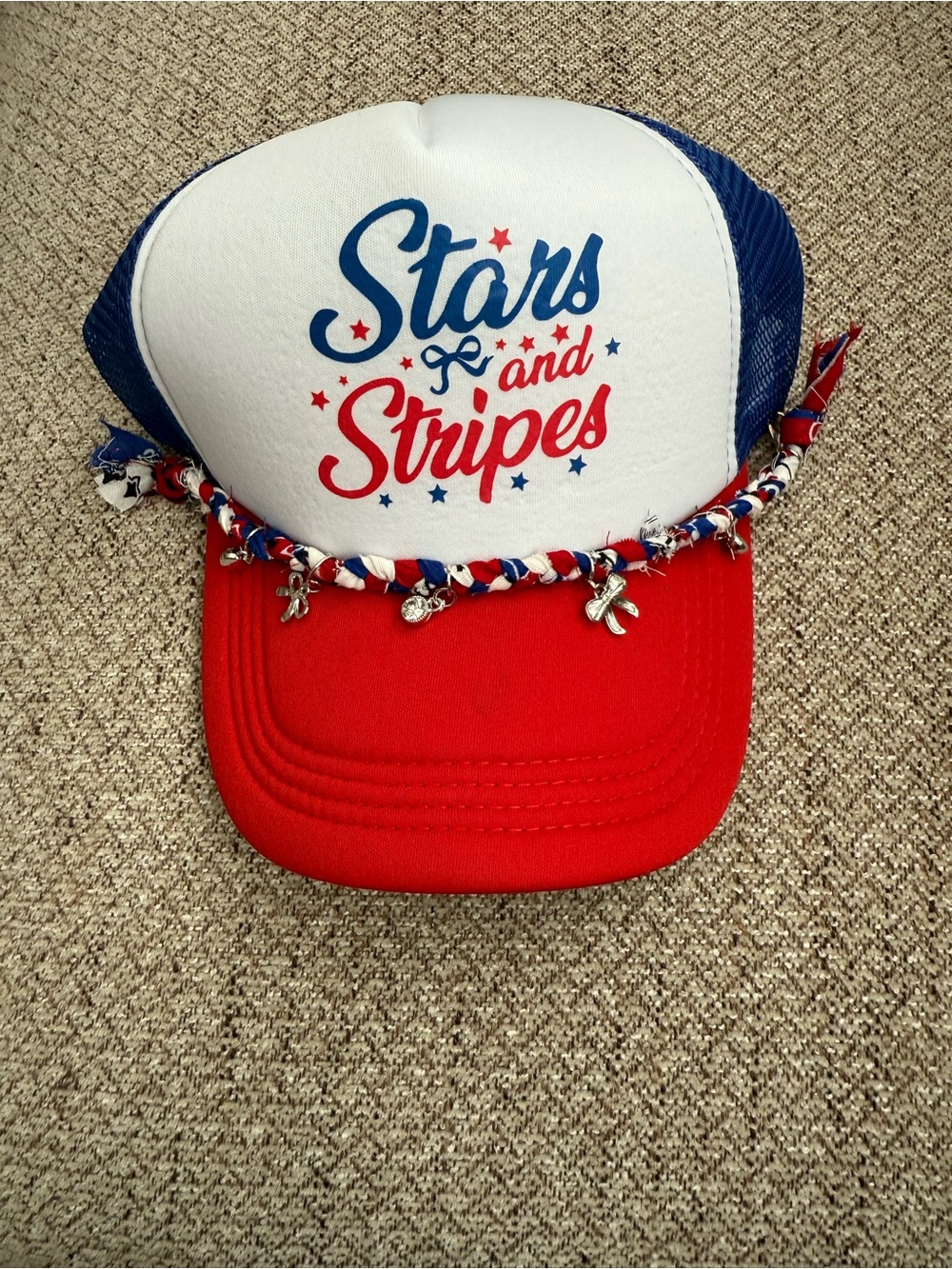 Stars and Stripes Trucker Hat - Red, White & Blue Brim Bling